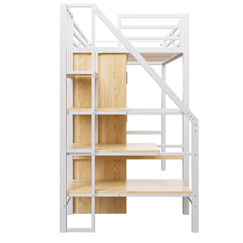 Lit mezzanine en métal blanc avec bureau, escalier de rangement et penderie