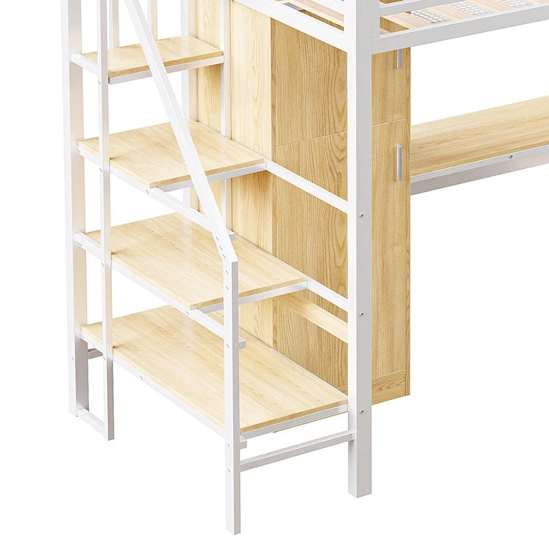Lit mezzanine en métal blanc avec bureau, escalier de rangement et penderie