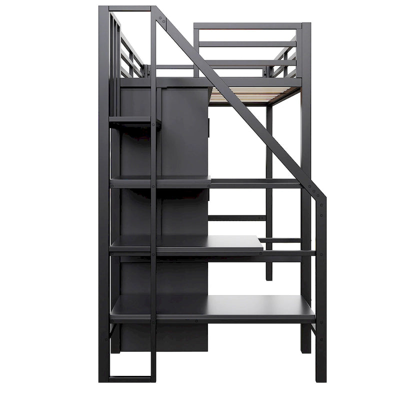 Lit mezzanine en métal blanc avec bureau, escalier de rangement et penderie