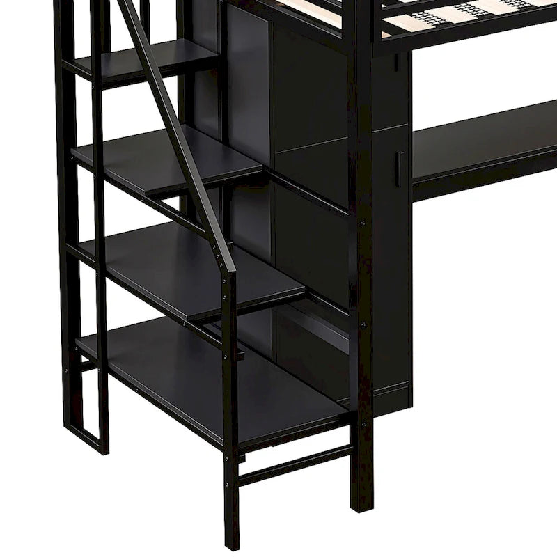 Lit mezzanine en métal blanc avec bureau, escalier de rangement et penderie