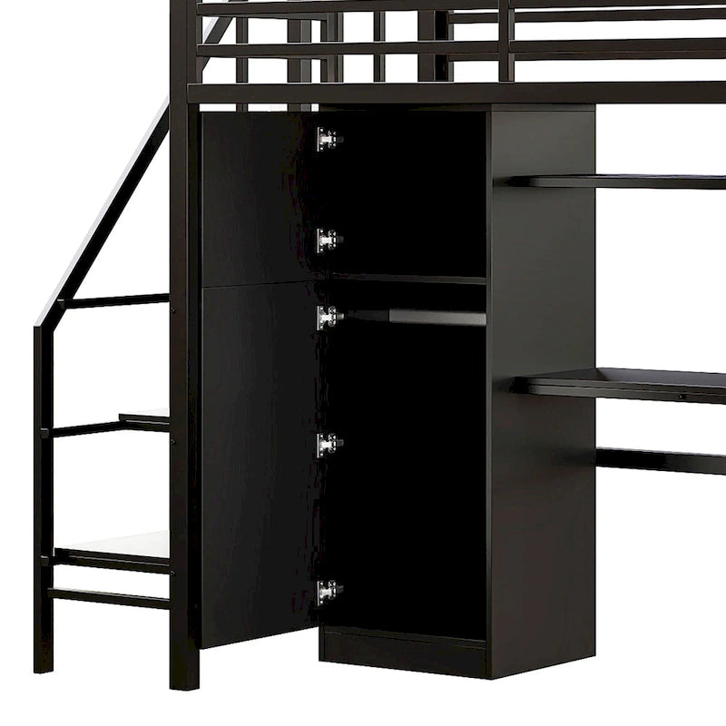Lit mezzanine en métal blanc avec bureau, escalier de rangement et penderie
