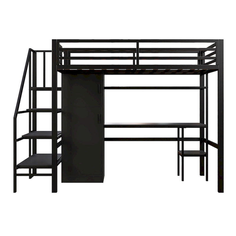 Lit mezzanine en métal blanc avec bureau, escalier de rangement et penderie