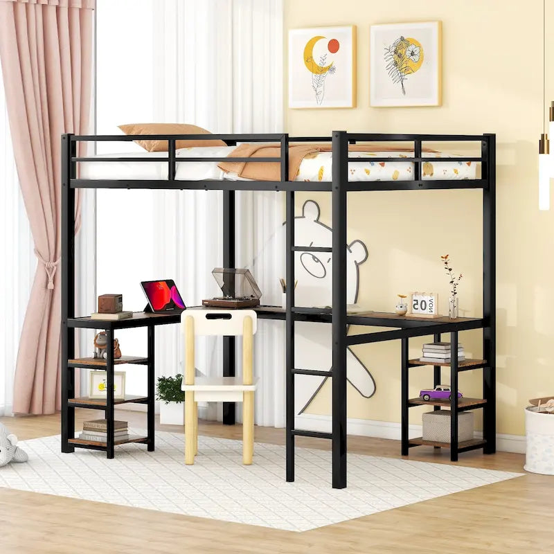 Black Metal Full Loft Bed with L-Shaped Desk and Storage Shelves