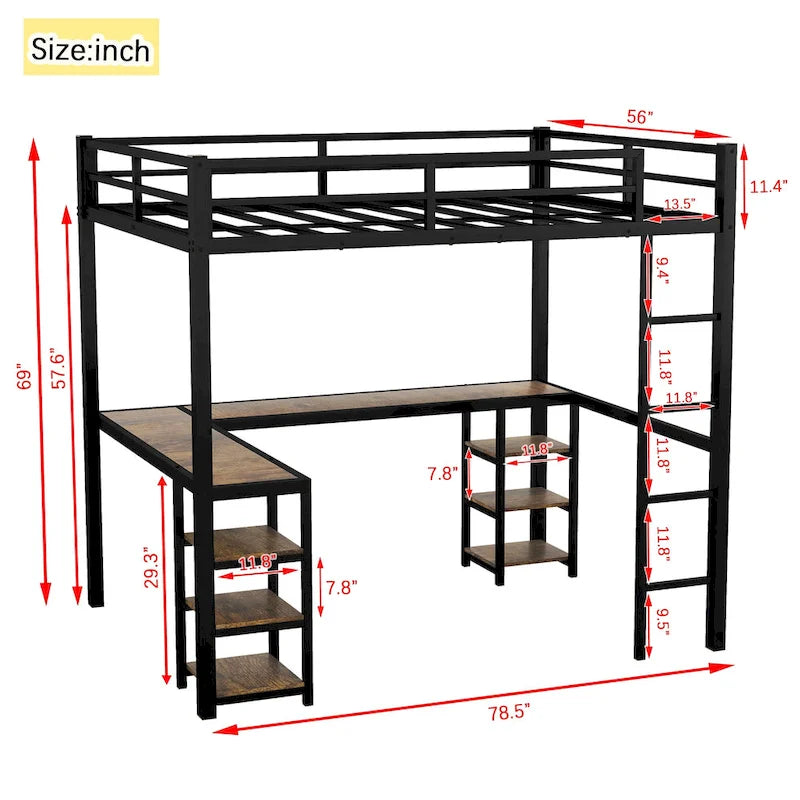 Black Metal Full Loft Bed with L-Shaped Desk and Storage Shelves