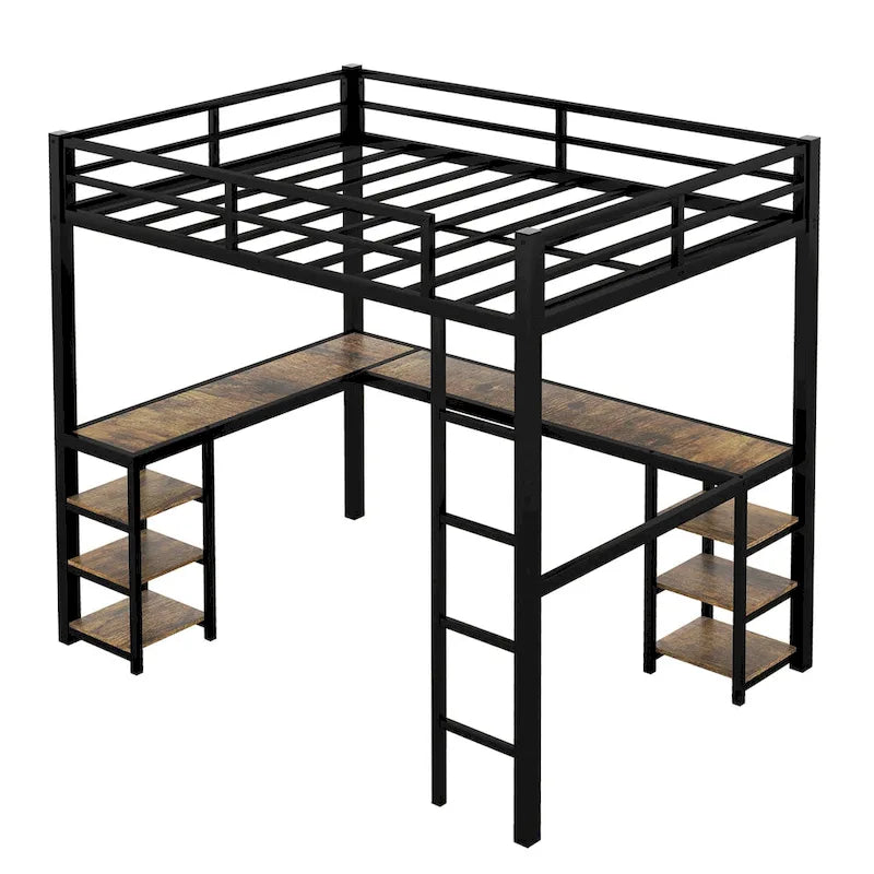 Black Metal Full Loft Bed with L-Shaped Desk and Storage Shelves