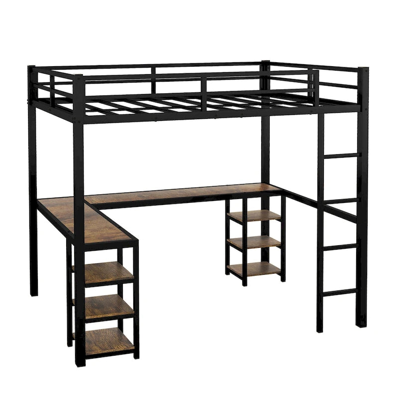 Black Metal Full Loft Bed with L-Shaped Desk and Storage Shelves