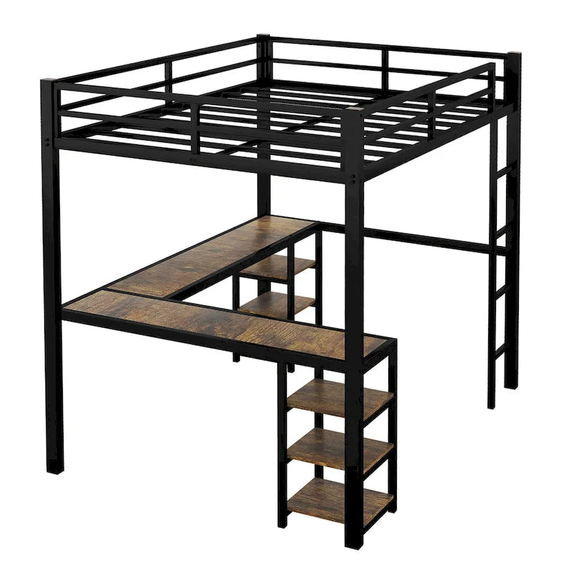 Black Metal Full Loft Bed with L-Shaped Desk and Storage Shelves
