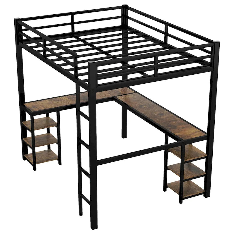 Black Metal Full Loft Bed with L-Shaped Desk and Storage Shelves