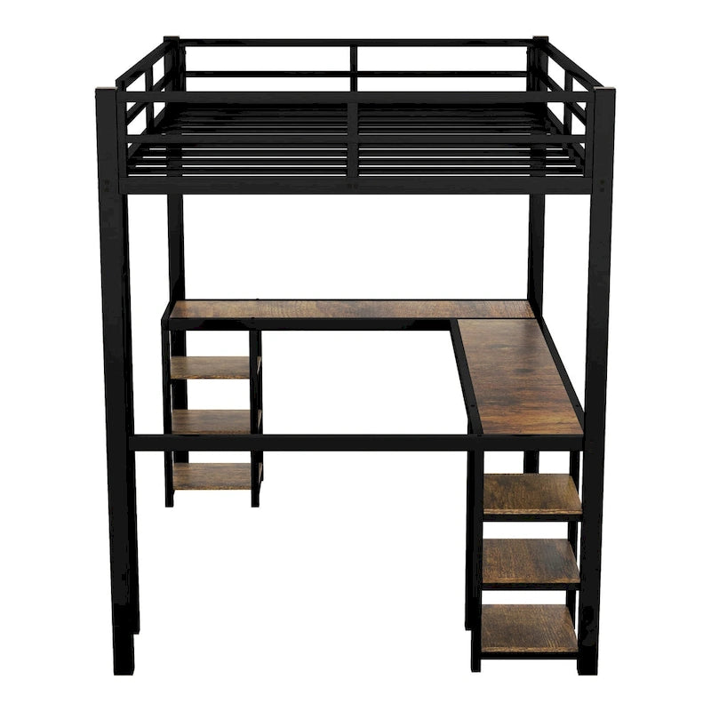 Black Metal Full Loft Bed with L-Shaped Desk and Storage Shelves