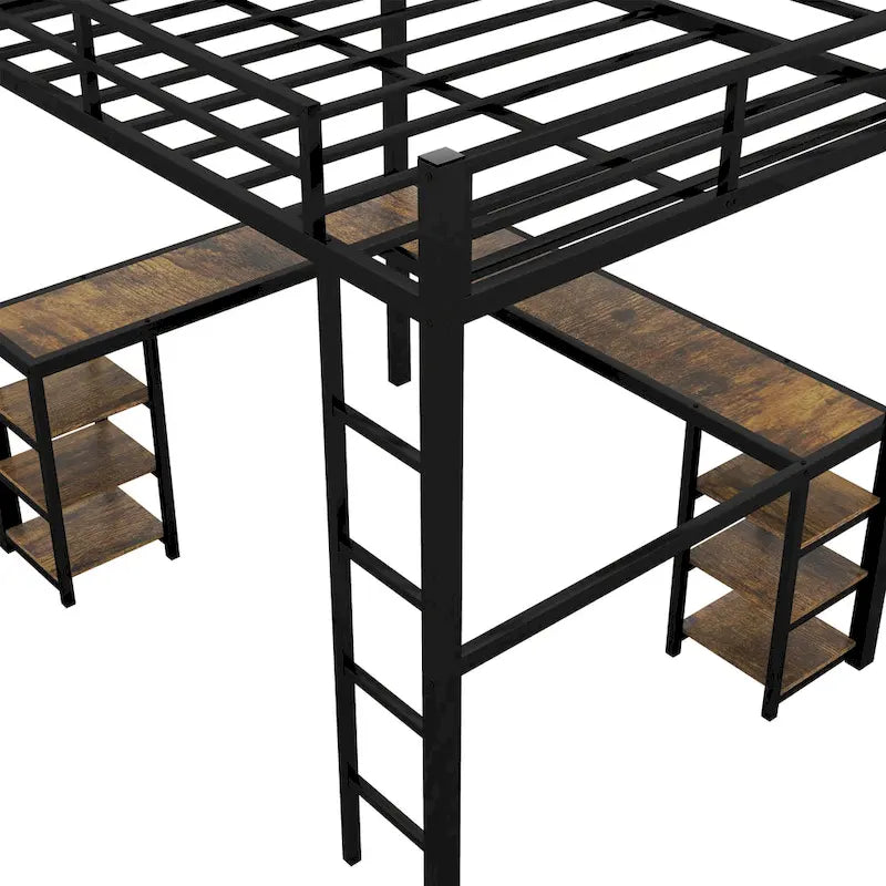 Black Metal Full Loft Bed with L-Shaped Desk and Storage Shelves
