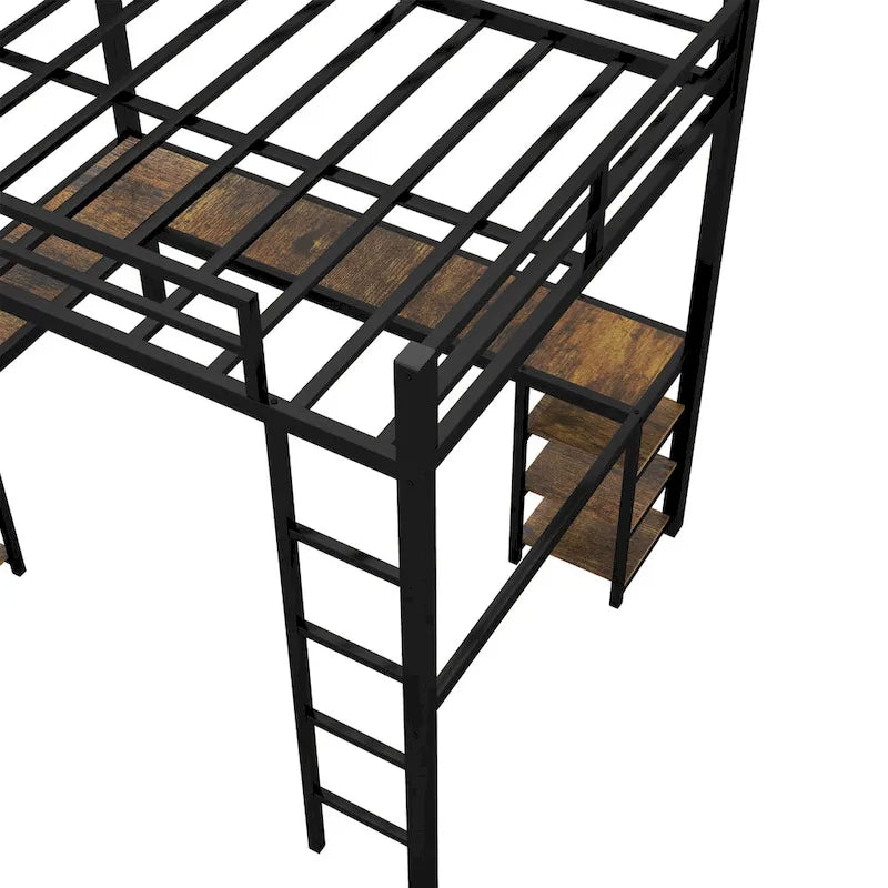 Black Metal Full Loft Bed with L-Shaped Desk and Storage Shelves