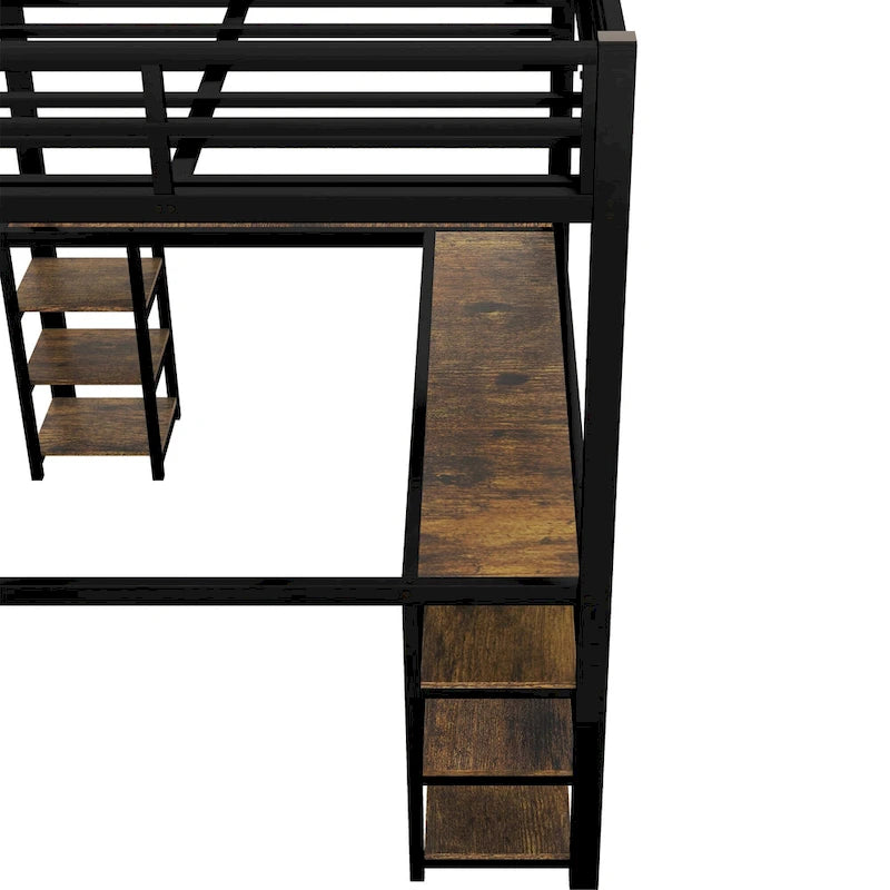 Black Metal Full Loft Bed with L-Shaped Desk and Storage Shelves