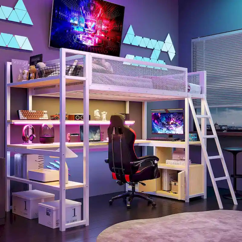 Metal Twin Loft Bed with LED Lights Desk Storage White