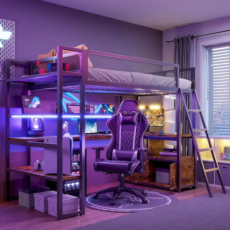 Metal Twin Loft Bed with LED Lights Desk Storage White