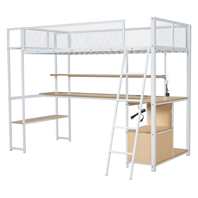 Metal Twin Loft Bed with LED Lights Desk Storage White