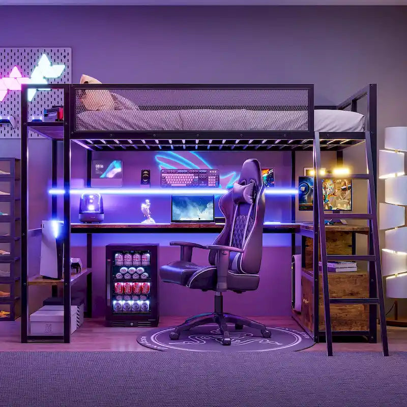 Metal Twin Loft Bed with LED Lights Desk Storage White
