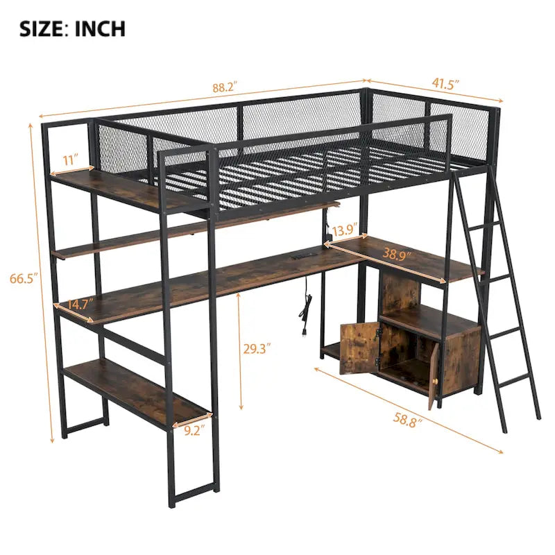 Metal Twin Loft Bed with LED Lights Desk Storage White