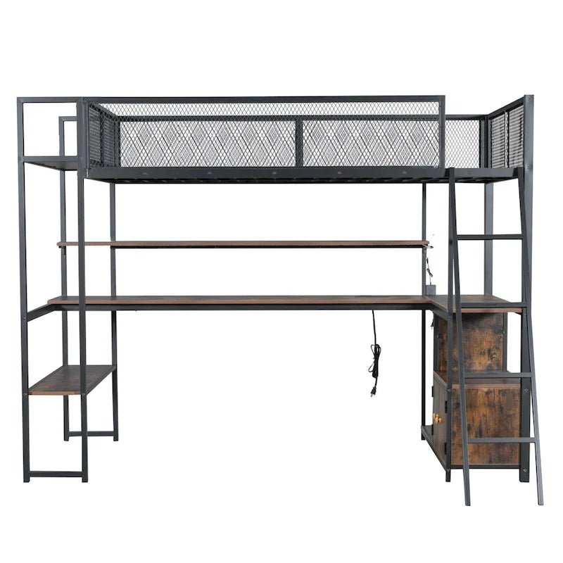 Metal Twin Loft Bed with LED Lights Desk Storage White