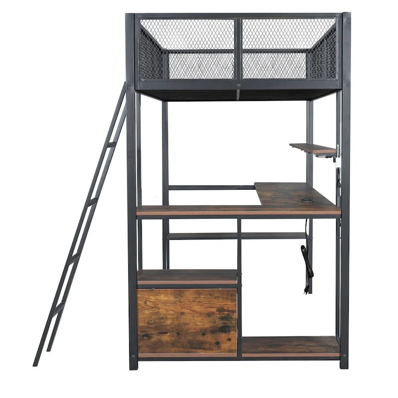 Metal Twin Loft Bed with LED Lights Desk Storage White