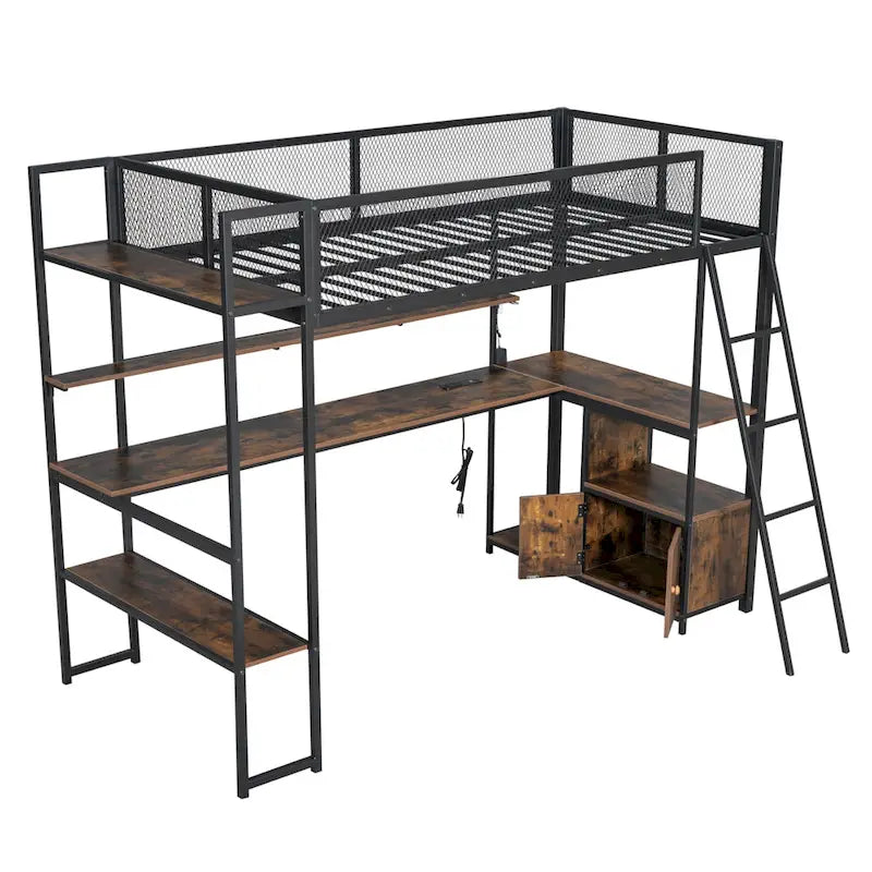 Metal Twin Loft Bed with LED Lights Desk Storage White