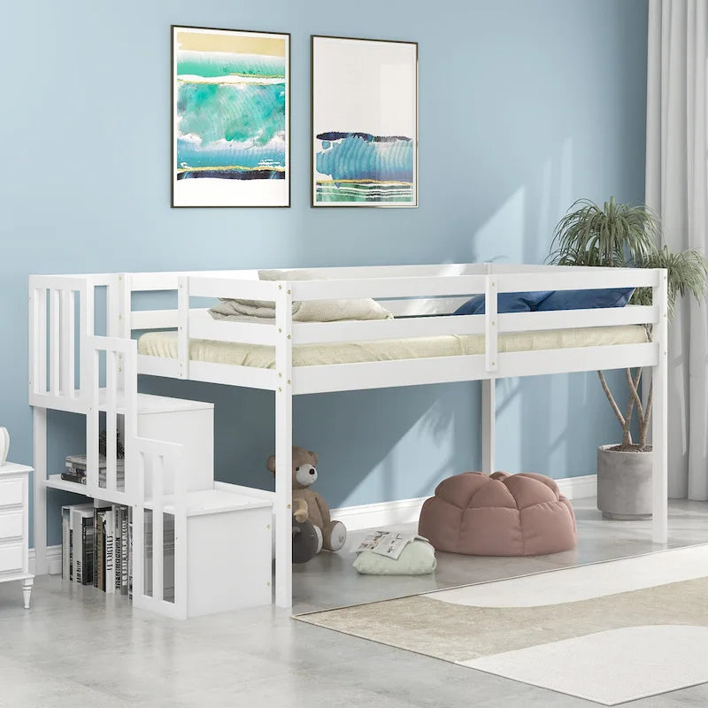 Twin Size Pine Wood Loft Bed with Staircase