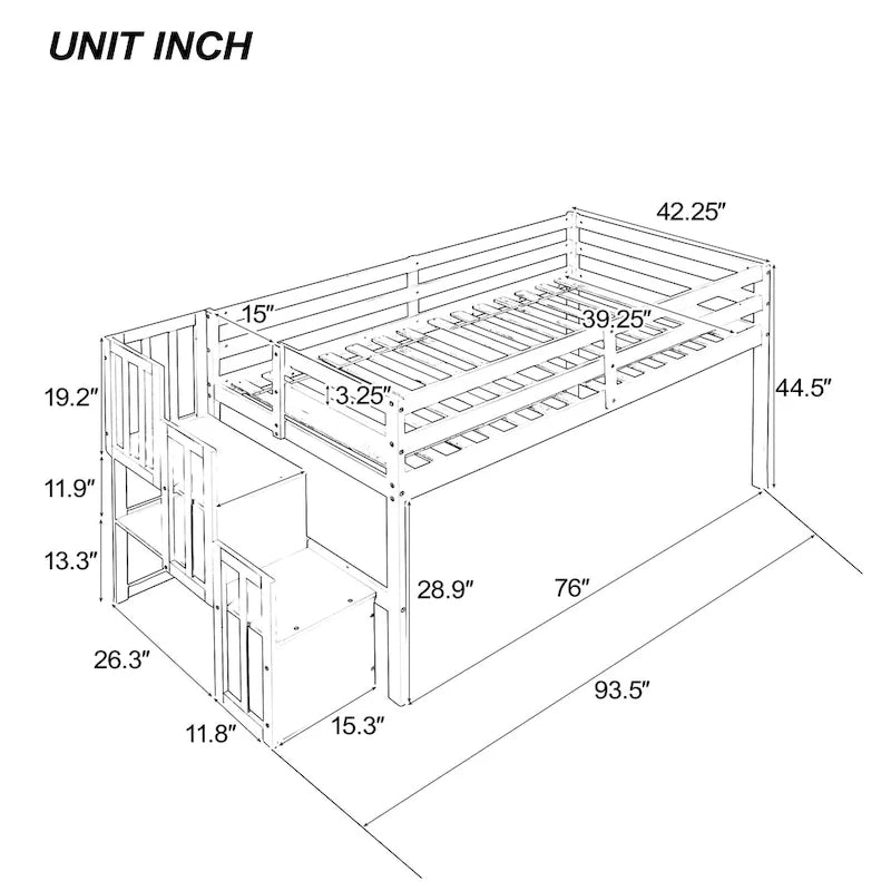 Pine Wood Low Loft Bed with Storage Staircase and Guard Rail