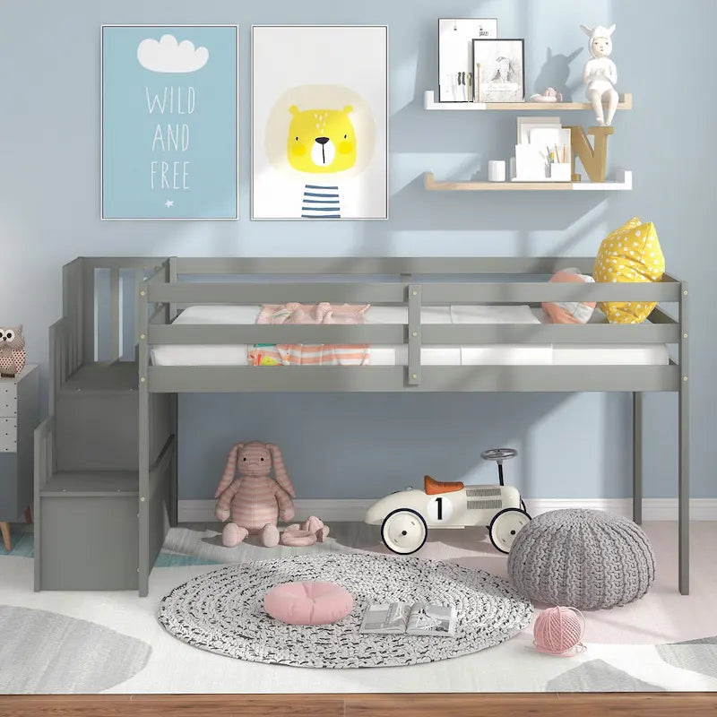 Pine Wood Low Loft Bed with Storage Staircase and Guard Rail