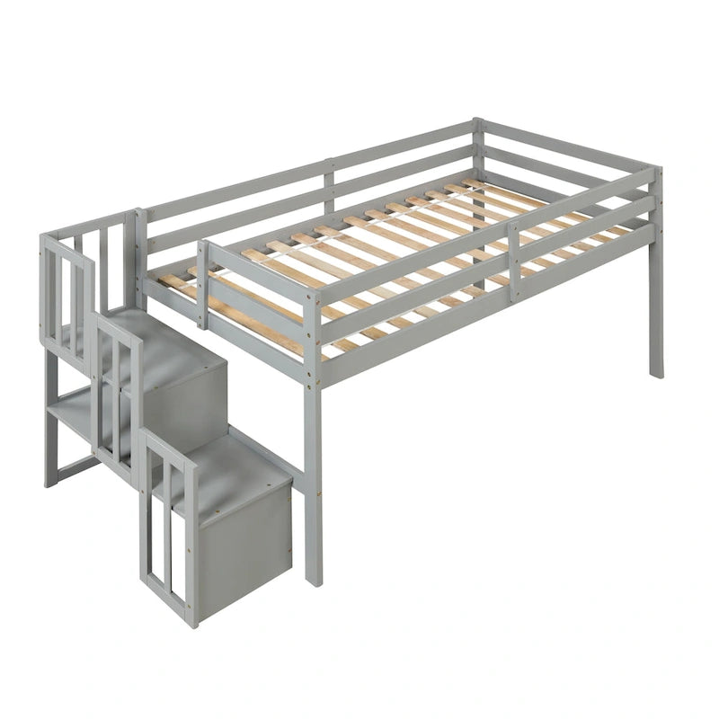 Pine Wood Low Loft Bed with Storage Staircase and Guard Rail
