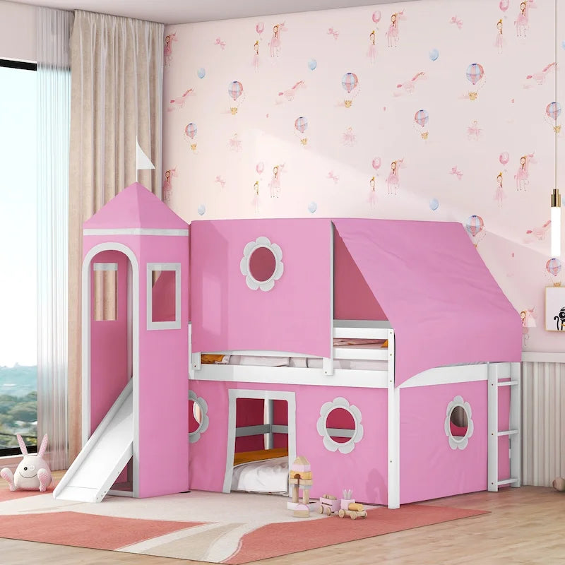 Pink Castle House Loft Bed with Slide and Tower Tent