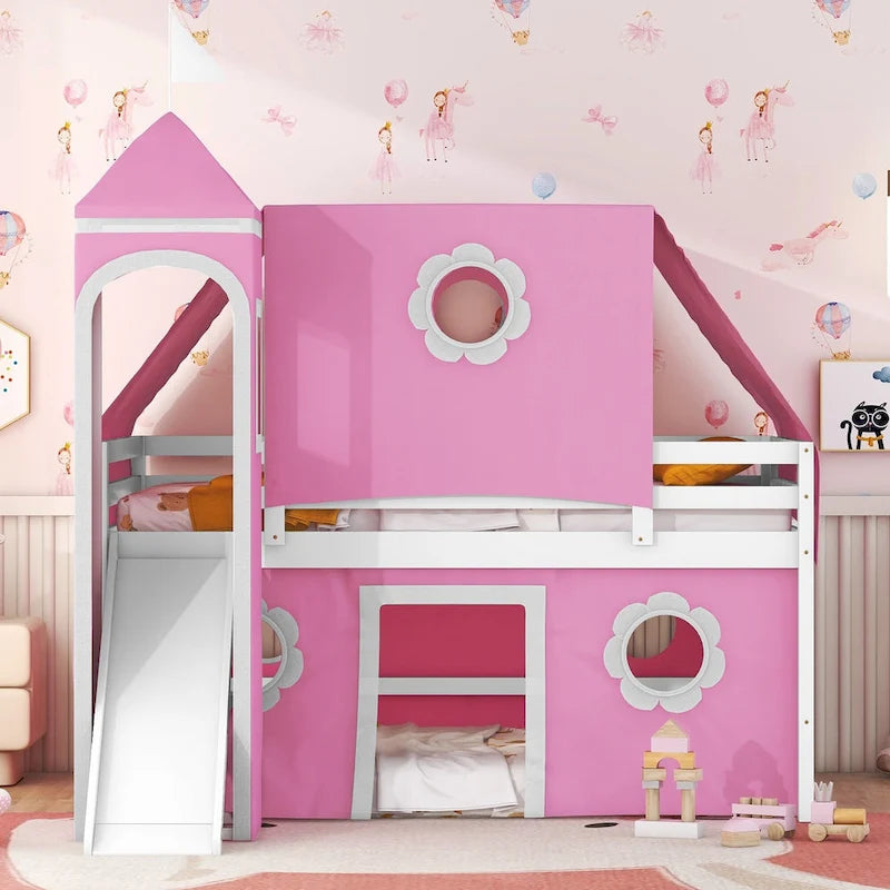 Pink Castle House Loft Bed with Slide and Tower Tent
