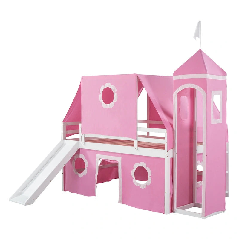 Pink Castle House Loft Bed with Slide and Tower Tent