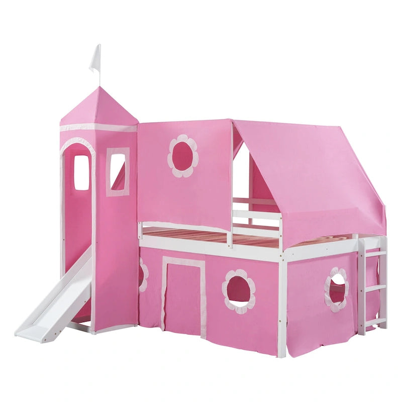 Pink Castle House Loft Bed with Slide and Tower Tent
