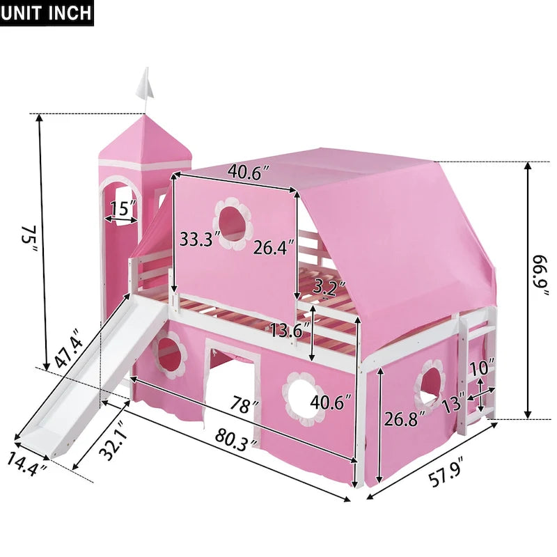 Pink Castle House Loft Bed with Slide and Tower Tent