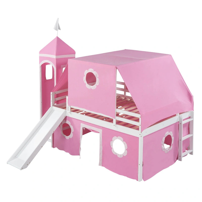 Pink Castle House Loft Bed with Slide and Tower Tent