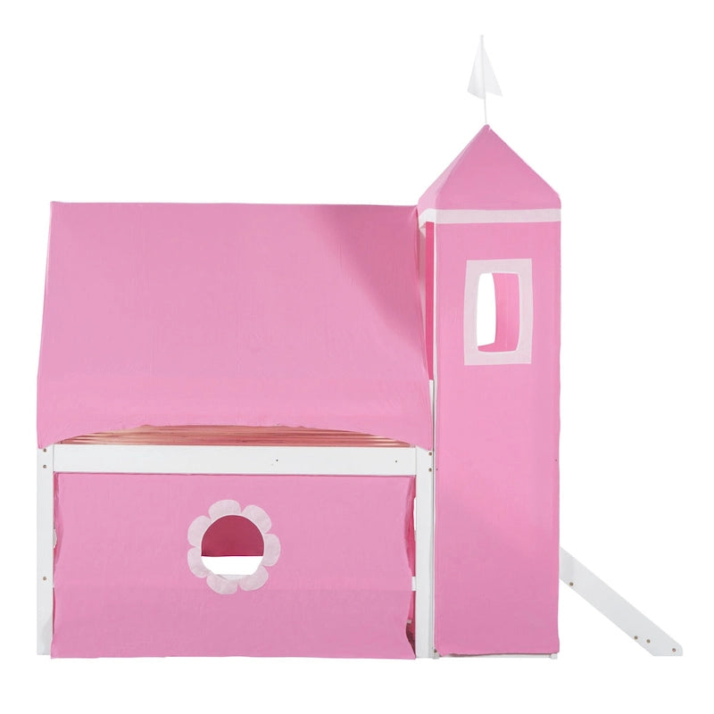 Pink Castle House Loft Bed with Slide and Tower Tent