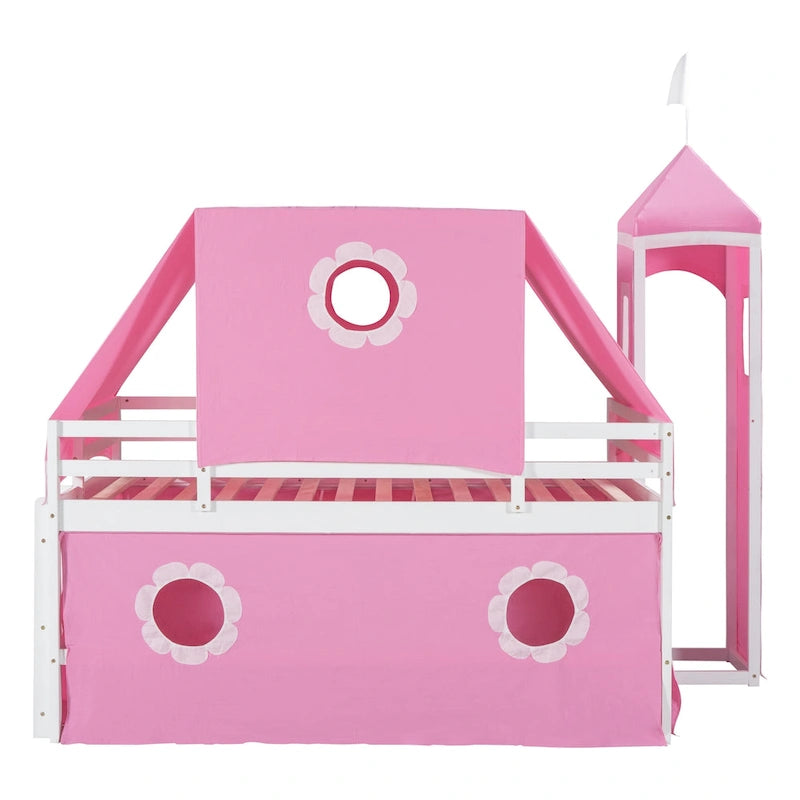 Pink Castle House Loft Bed with Slide and Tower Tent