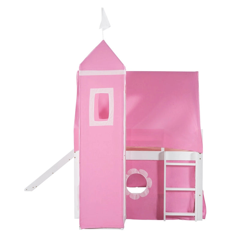 Pink Castle House Loft Bed with Slide and Tower Tent