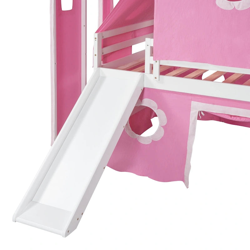 Pink Castle House Loft Bed with Slide and Tower Tent
