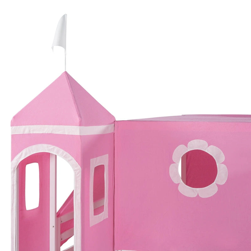 Pink Castle House Loft Bed with Slide and Tower Tent