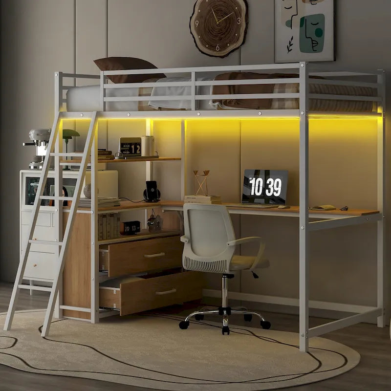 Metal Loft Bed with Desk Drawers Shelves LED Light White Oak