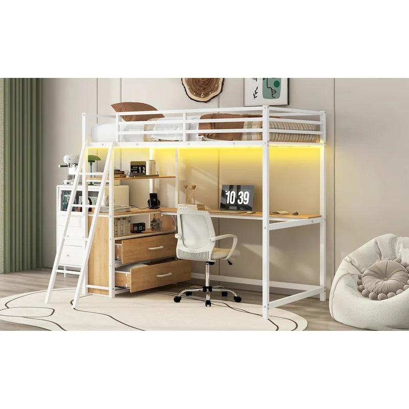 Metal Loft Bed with Desk Drawers Shelves LED Light White Oak