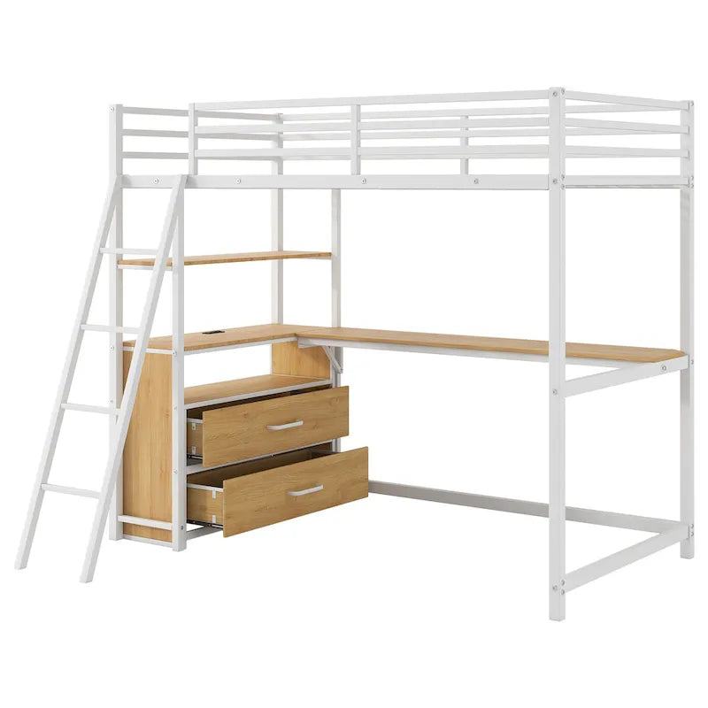 Metall-Hochbett mit Schreibtisch, Schubladen, Regalen und LED-Beleuchtung – Weiß und Eiche