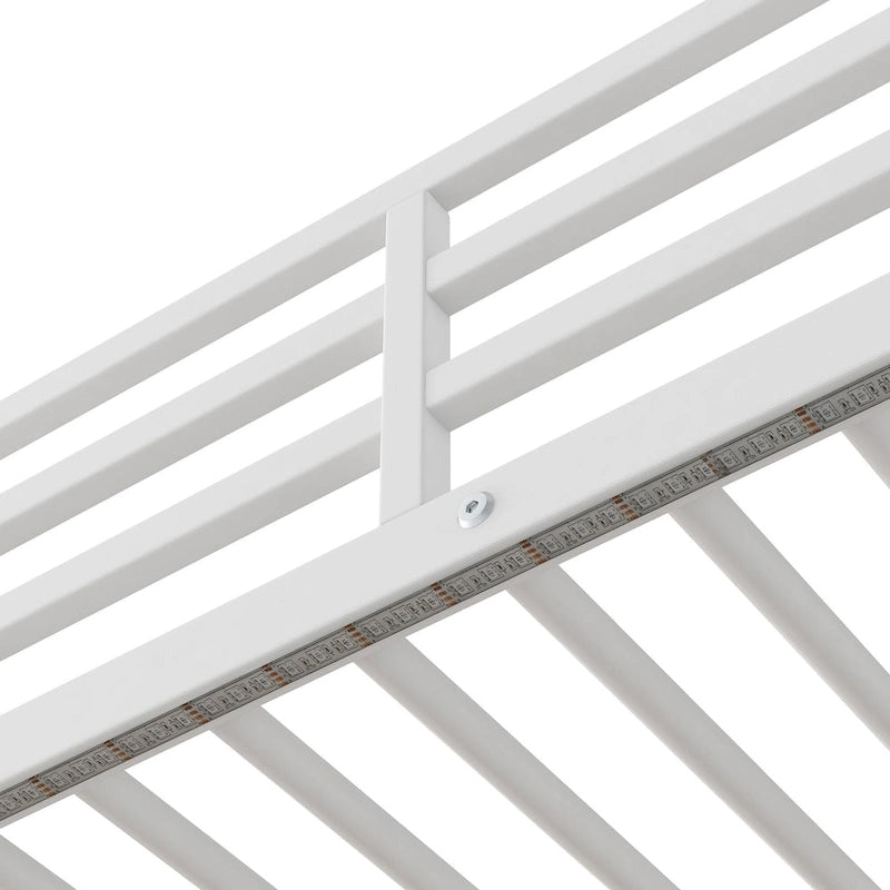 Metal Loft Bed with Desk Drawers Shelves LED Light White Oak