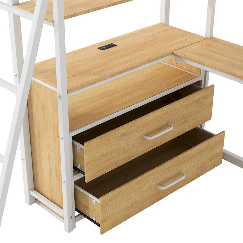 Metal Loft Bed with Desk Drawers Shelves LED Light White Oak
