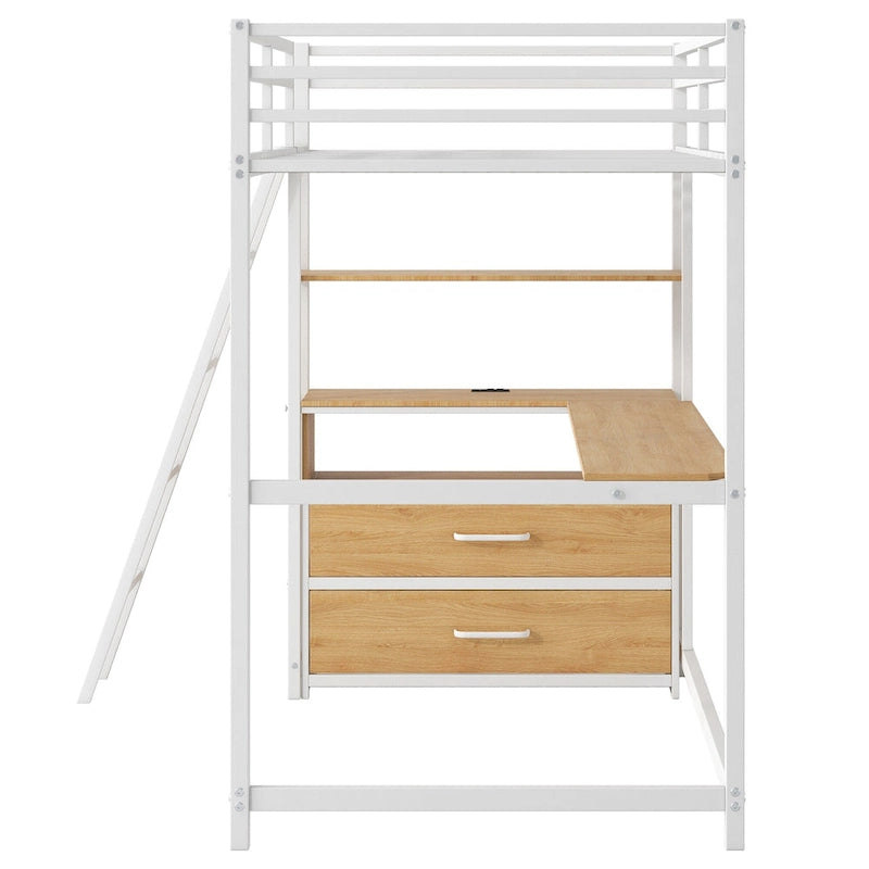 Metall-Hochbett mit Schreibtisch, Schubladen, Regalen und LED-Beleuchtung – Weiß und Eiche