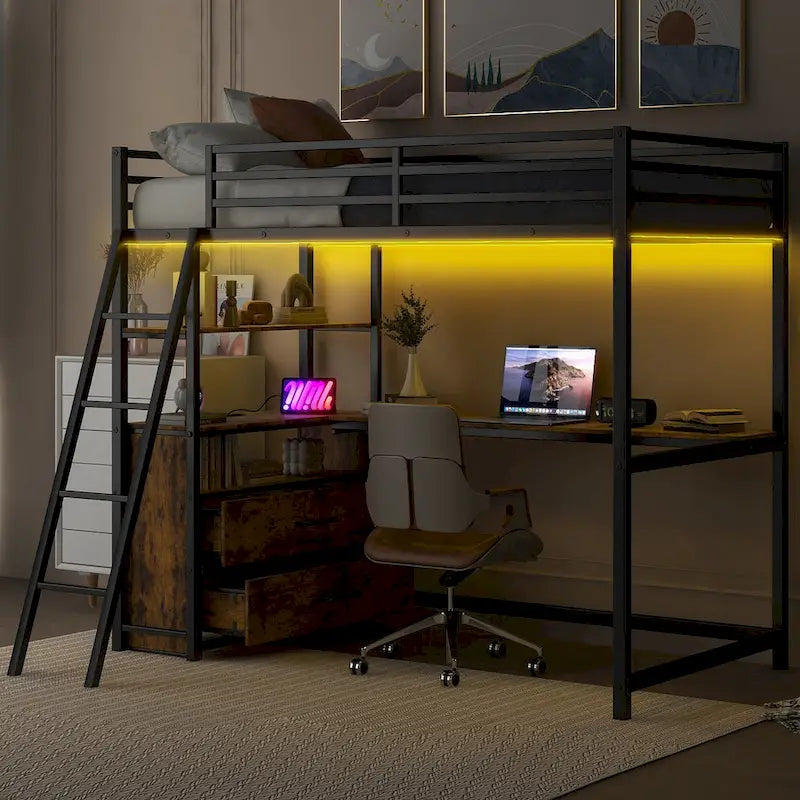 Metall-Hochbett mit Schreibtisch, Schubladen, Regalen und LED-Beleuchtung – Weiß und Eiche
