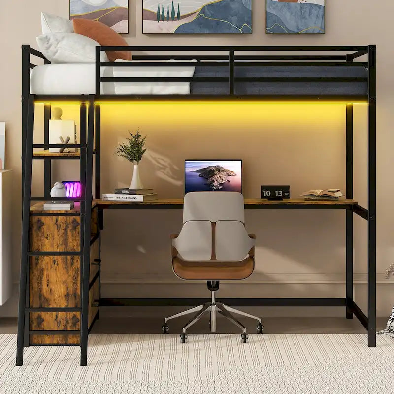 Metall-Hochbett mit Schreibtisch, Schubladen, Regalen und LED-Beleuchtung – Weiß und Eiche