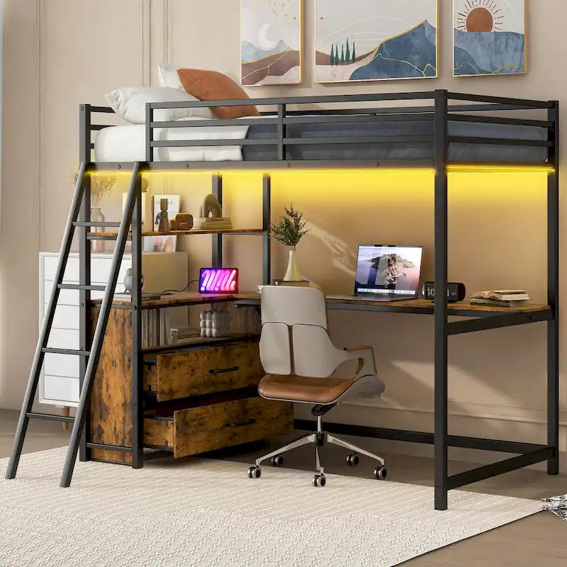 Metall-Hochbett mit Schreibtisch, Schubladen, Regalen und LED-Beleuchtung – Weiß und Eiche