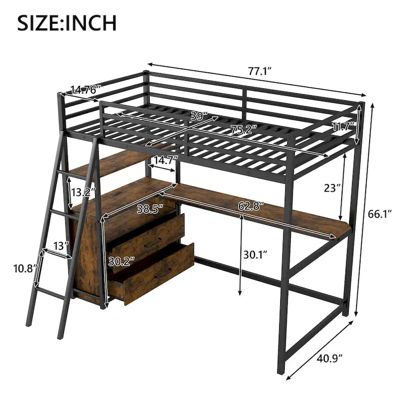 Metall-Hochbett mit Schreibtisch, Schubladen, Regalen und LED-Beleuchtung – Weiß und Eiche