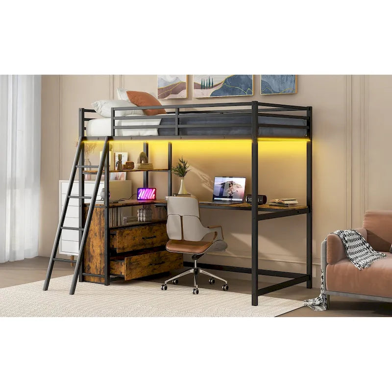 Metall-Hochbett mit Schreibtisch, Schubladen, Regalen und LED-Beleuchtung – Weiß und Eiche